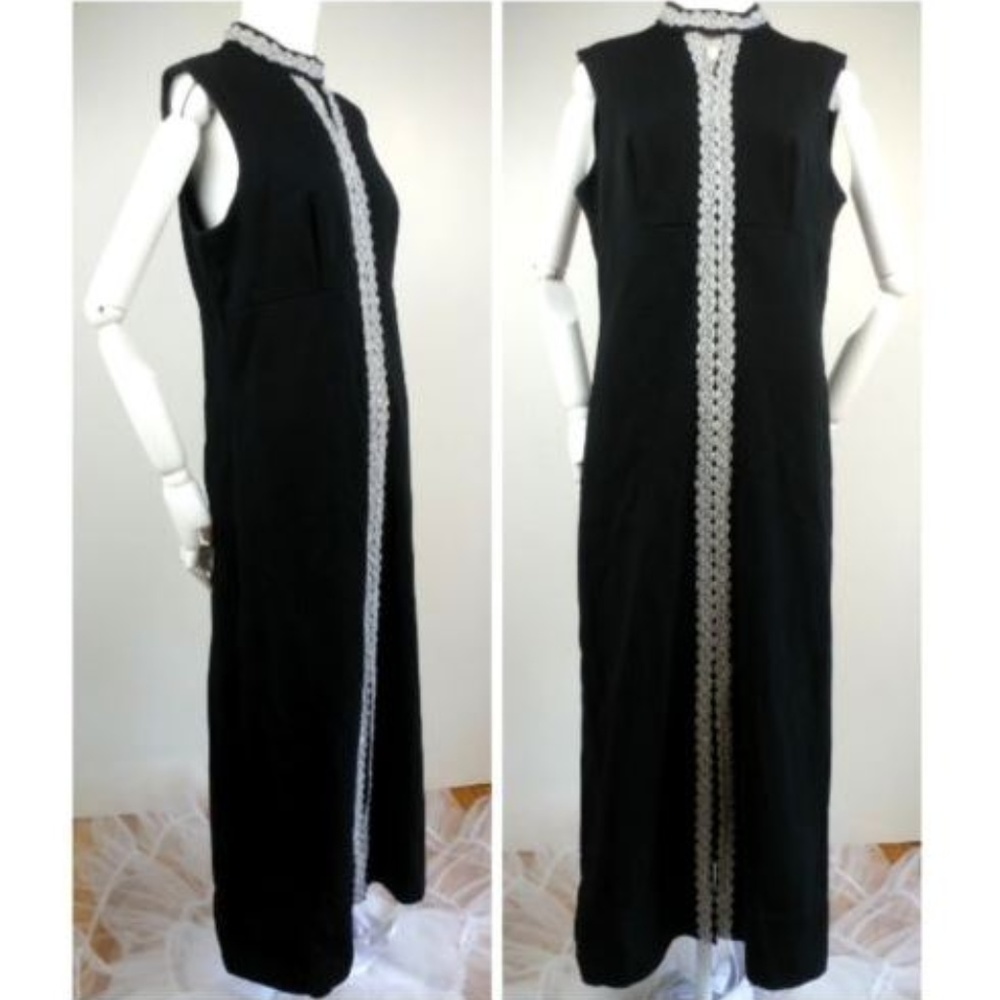 Vintage 70s Black Silver Cocktail Hostess Dress M